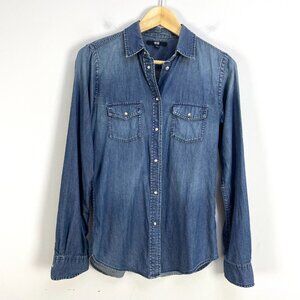 Uniqlo Womens Small Chambray Pearl Snap Western Shirt Blue Long Sleeve Top